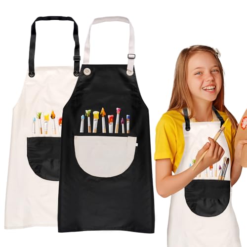 2pcs Malkittel Kinder Mädchen Jungen, 60*45cm Malschürze Kinder Schule Ab 6 Jahre, Wasserdicht Malkittel, Verstellbare Malschürze mit Taschen, Bastelschürze für Basteln Malen Backen -Grau, Schwarz