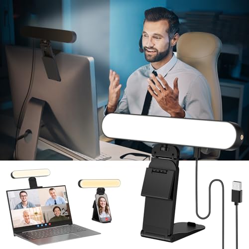 RealPlus Streaming Licht mit [Multifunktionshalter], Fernsteuerung von 3 Lichtfarben & 10 Helligkeiten, 360° Drehung Videolicht LED für PC, Handy, Laptop, Zoom-Meetings, Monitor, Webcam,Büro,Geschenk