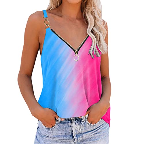 Sommer-Tanktops für Frauen mit V-Ausschnitt, modisch, ärmelloses Oberteil, lockere Passform, lässige Frontreißverschluss-Shirts Büro Outfit Damen Lashirt Damen Ärmellos