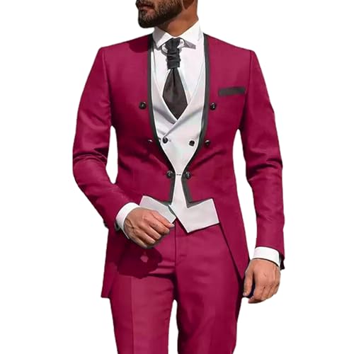 Herren 3 Stück Business Frack Anzug Plus Size Formales Kleid Blazer Weste Hose Hochzeit Prom Bräutigam Smoking Anzüge (Rosenrot,XL)