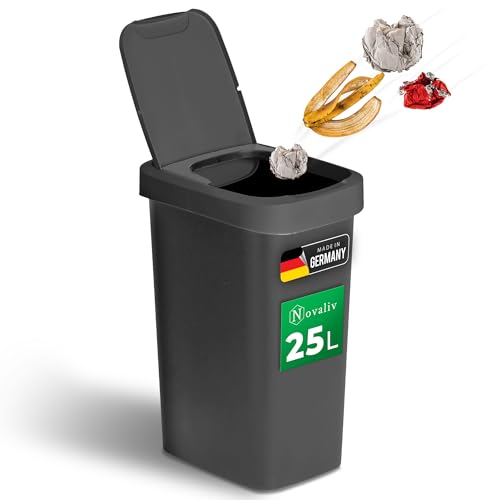 Novaliv Mülleimer 25L mit 2in1 Deckel, Klappdeckel & Schwingdeckel, Anti-Geruch Abfalleimer für Küche Haushalt Büro, Müll Eimer Abfall Trash Kunststoff Abfallbehälter Mülltonne Müllbehälter