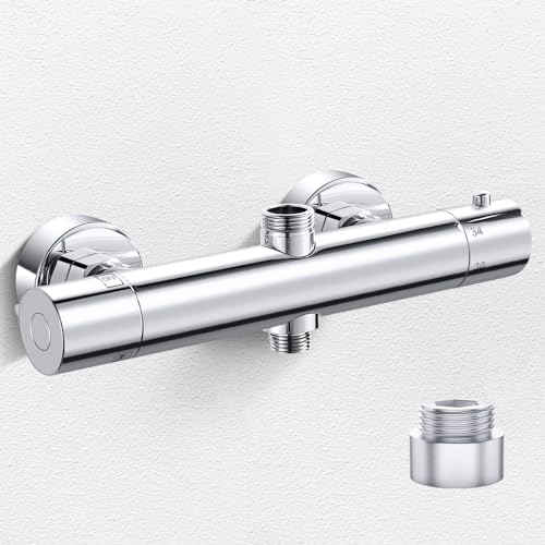 Duscharmatur mit Thermostat 2 Auslässen Duschthermostat Aufputz Mischbatterie Dusche Thermostat, Oben 3/4"BSP+Unten 1/2"BSP, Duscharmatur mit 38°C Sicherheitstaste Messing Armatur Dusche 2 wege
