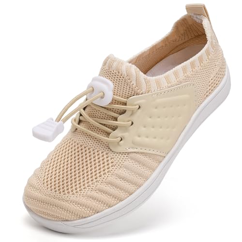 IceUnicorn Barfußschuhe Kinder Breite Zehenbox Knit Jungen Mädchen Hausschuhe Minimal Kleinkind Walking Schuhe Minimalistische Atmungsaktiv(Beige Weiß, 25EU)