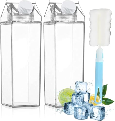 LATRAT 2 Stück Transparente Milchbox Wasserflasche Wiederverwendbar Milchkarton mit Tassenbürste, FüR Die Lagerung Von GeträNken, Picknicks, Camping, Milch, Orangensaft, Bier Im KüHlschrank, 1L