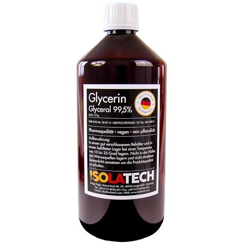 ISOLATECH Glycerin 99,5% 1000ml Pharmaqualität made in Germany, gemessen 99,98% rein Pflanzlich, Glyzerin Glycerol flüssig transparent 1000ml-Flasche (Inhalt 1,2kg)