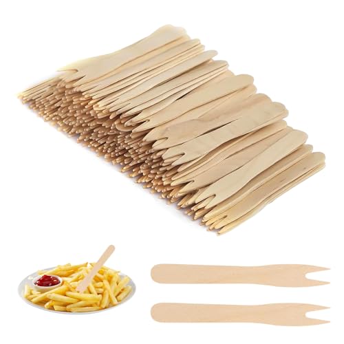 200 Stück 85MM Spieße Fingerfood,robust Plastik Gabel,kleine Gabeln Holz,Pommes-Frites-Gabel, Holzspäne, Holzbesteck, Holzgabel, Holzmesser Perfekt Für Partys, Geburtstage, Camping Und Picknicks