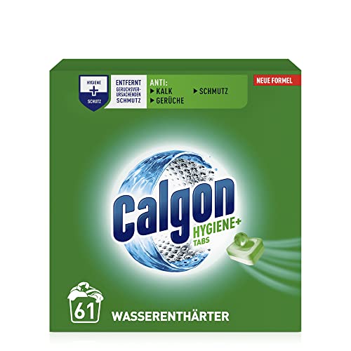 Calgon Hygiene+ Tabs – Schutz vor Kalkablagerungen und Schmutz – Wasserenthärter mit Hygieneschutz für die Waschmaschine – 1 x 61 Tabs Unparfümiert