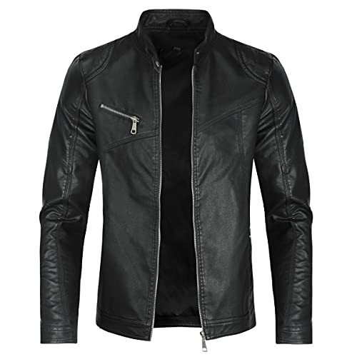 Sliktaa Herren Jacke aus Kunstleder mit Stehkragen Übergangsoberteil Lässig Motorrad Piloten Reißverschluss Casual Klassisch Lederjacke(Schwarz 1 M)