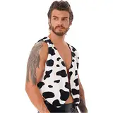 dPois Herren Cowboy Weste Ärmellos Jacke Oberteil Kuh Muster V-Ausschnitt Weste Offene Vorne Flanell Top Männer Halloween Fasching Cosplay Kostüm Schwarz L