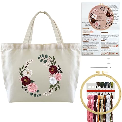 Turmaster Stickerei Set mit Canvas Tote Bag, Stickset für Anfänger, Sticken Set Erwachsene mit Blumenmuster,Stickrahmen,Fäden und DIY Stickerei Werkzeuge,Weiß