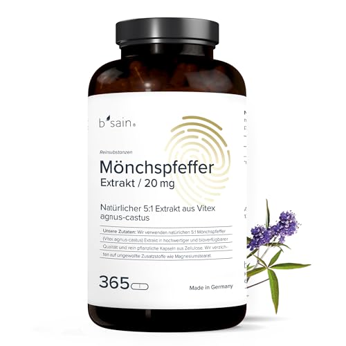 Mönchspfeffer Kapseln hochdosiert mit 20 mg - 5:1 Mönchspfeffer Extrakt aus Vitex agnus-castus – 100% vegan & ohne unnötige Zusätze – Made in Germany (Jahresvorrat | 365 Kapseln) - b'sain