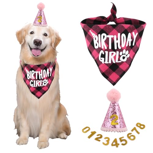 Hunde Geburtstag Hut Bandana Set, 3 Stücke Hunde Geburtstags Bandana Mütze mit 8 Bling Nummern, Hundegeburtstagsgeschenk, Hund Geburtstag Deko (Rosa)