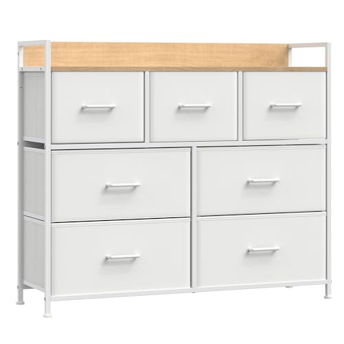SONGMICS Kommode, Schrank, 7 Stoffschubladen mit Griffen, Metallgestell, Industrie-Design, wolkenweiß-eichenbeige LTS523W57