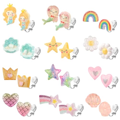 12 Paar Ohrclips Mädchen, Glitzer Ohrclips harz, Ohrringe Klipp für Kinder, Clip Ohrringe Mädchen, mit Herzform, Fünfzackiger Stern usw., Nein Durchbohrt Ohrclips, Harz Ohrclips für Mädchen