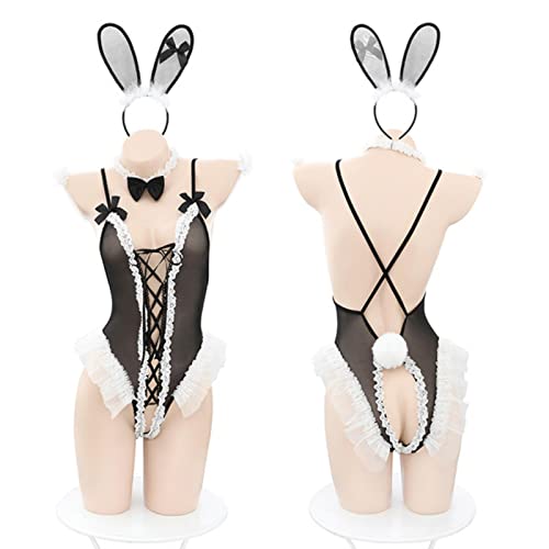 Juig Cute Bunny Girl Cosplay Kostüme Damenunterwäsche Spitze Sexy Bodysuit Rüschen Bandage Hollow Rabbit Uniform Dessous für Sex