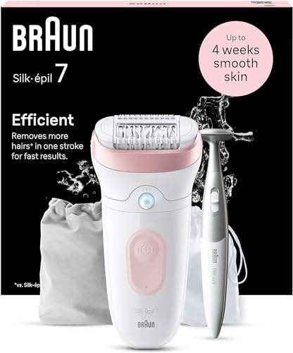 Braun Silk-épil 7, Epilierer Damen / Haarentferner für langanhaltende Haarentfernung, inkl. Bikinitrimmer (Haartrimmer Intimbereich), 7-210, Weiß/Flamingorosa