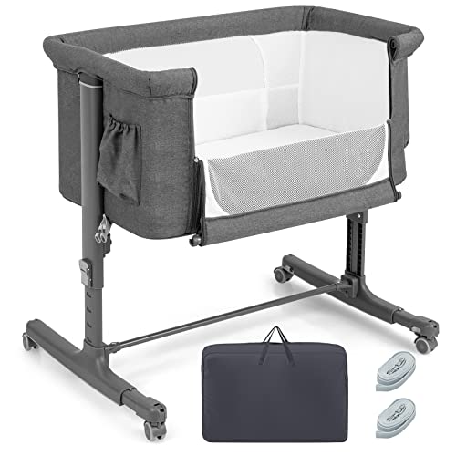 COSTWAY 3 in 1 Beistellbett & Babywiege & Reisebett, 5-stufig Höhenverstellbares Babybett, 10° Neigung, Kinderbett inkl. Matratze, Tragetasche, Stubenwagen für Babys bis 9kg belastbar (Dunkelgrau)