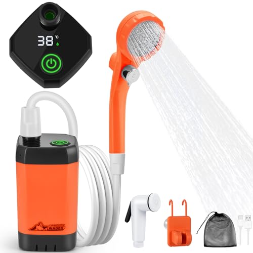 WADEO Tragbare Campingdusche Akku mit Pumpe, Camping Dusche mit Typ-C-Aufladung 6000-mAh-Akku, Mobile Duschen Außenduschen mit Duschkopf, für Camping Reisen Garten Wandern Autowaschen (Orange)