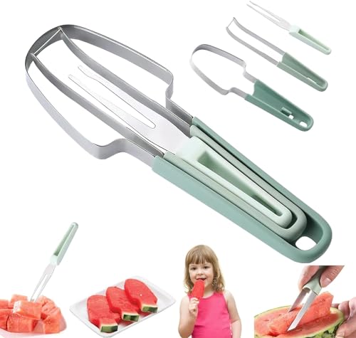 3 in 1 Wassermelonen Schneider Edelstahl, Aluusy Neu Wassermelonen Gabelschneider Sommer Wassermelonen Gabel-Schneidwerkzeug, Wassermelonen Obstschneider für Camping Küchengeräte (Grün)
