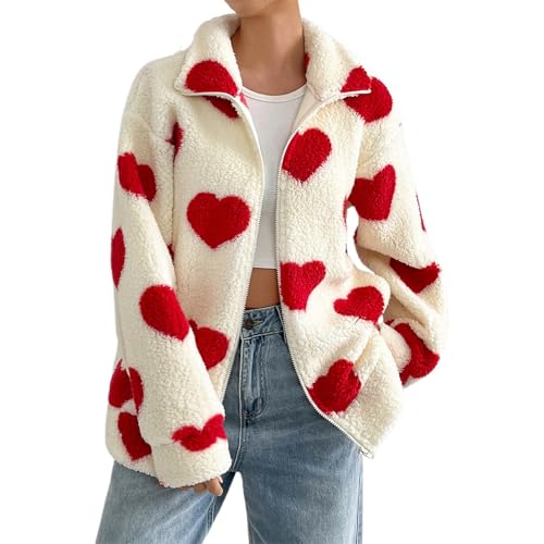 Valentinstag Damen Fleecejacke Fashion Herzen Drucken Plüschjacke Winter Langarm Reißverschluss Verdicken Bequem Oberbekleidung mit Taschen