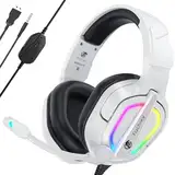 Fachixy「2024 New」FC200 Gaming-Headset für PS4/PS5/PC/Xbox One, Geräuschunterdrückung, Gaming-Kopfhörer, Headset mit Stereo-Mikrofon-Sound mit 3,5-mm-Klinkenstecker mit RGB-Licht - Weiss