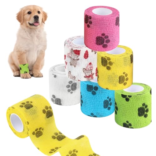 UKOFEW 6PCS Selbstklebender Verband, Selbsthaftende Bandage, Selbsthaftend Elastische, Elastische Kohäsive Haftbandage für Vet Wrap Pet Katze, Hund, Handgelenk, Pferd, Haustier (5cm x4,5 m)