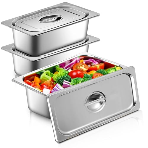 Edelstahl behälter Set of 3 GN 1/3 Containers, 32.5 x 17.5 x 6.5 cm Breading Set for Chops, Gastronorm Containers Stainless Steel with Lid, Cutlets Meat Fish - Metal Breading Road Rectangular