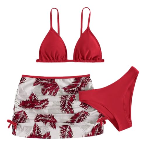 Bikini Mädchen 3 Stück Mädchen Bikini Sets Sommer Badeanzüge für Mädchen Bikini Top mit Triangel Bikinihose und Rock Rüschen Tankini Badeanzug (Rot, 12-13Jahre)