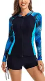 FEOYA Damen Rash Guard UV-Schutz UPF 50+ Langarm Schwimmshirt Badeshirt Reißverschluss Bademode für Damen Schnell Trocknender Swimsuit Surfshirt Badeanzug