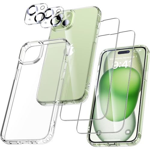 UniqueMe 5-in-1-Set für iPhone 15 Hülle, [Nie Vergilbung] Handyhülle für iPhone 15 Case Rundumschutz Schutzhülle Cover [1 Handyhülle+2 Schutzfolie+2 Kameraschutz] Transparent