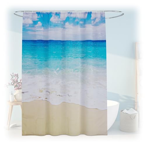 Relaxdays Duschvorhang Sandstrand, Bad Vorhang 180x200, Anti-Schimmel, waschbar, 12 Ringe, Badewannenvorhang, Mehrfarbig, Strand