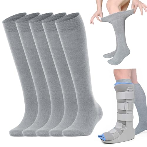 5 Paar Nahtlose Sensorische Socken für Walking Boots - Atmungsaktive Medizinische Schlauchsocken, Orthopädische Ersatzstrümpfe für Air Cam Walker, Frakturstiefel & Postoperative Beinpflege, Grau