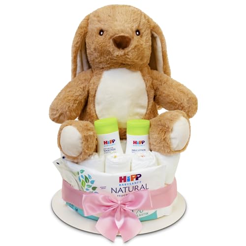 MilaBoo® Windeltorte rosa mit kuscheligen kleinen Hasen I hochwertiges Neugeborenen Geschenk mit Windeln und Produkten von Hipp I persönliches Babygeschenk zur Geburt