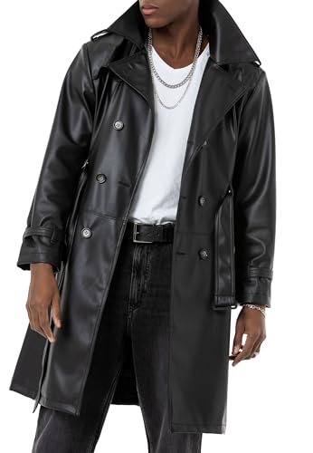 Hochwertiger Kunstleder Mantel Urbanstyle Trenchcoat Lederjacke Schwarz S