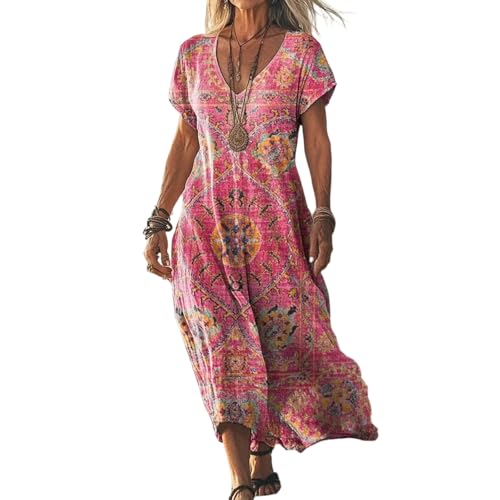 Sommerkleider Damen Leicht und Luftig Boho Kleid Elegant Lässig Strandkleid Kurzarm V-Ausschnitt Maxikleid A-Linie Blumenkleid Strand Freizeitkleid Lange Urlaub Kleider Sundress Hot Pink XXL