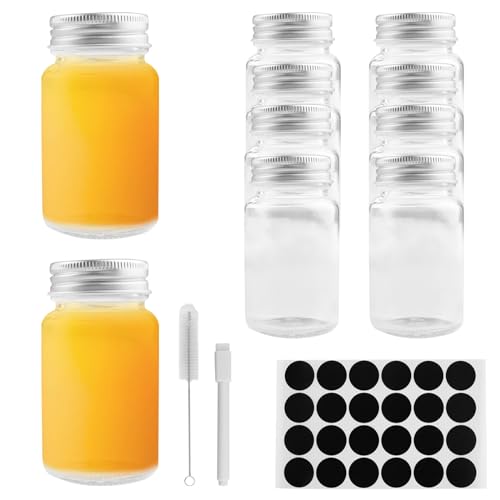 Gebiuhoo Mini Glas Shot Flaschen zum Befüllen 10 Stück Glasflaschen zum Befüllen mit Trichter und Etiketten Wiederverwendbar Trinkflaschen mit Breitem Mund für Saft Ingwer Wellness Shot Probe Reise