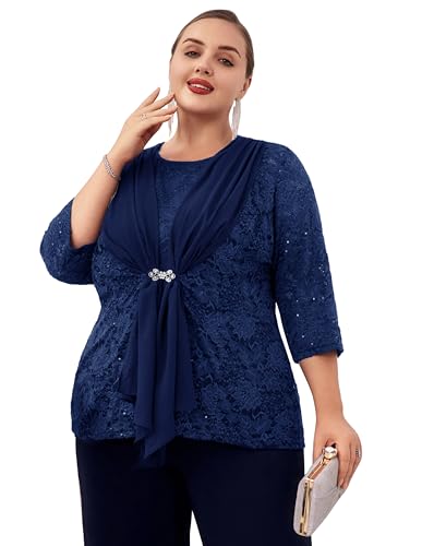 Hanna Nikole Damen Große Größen Spitzeshirt Aushöhlen Pailletten Zweiteiler Elegant Vintage Aushöhlen Shirts Zweiteiler Chiffon Strass Blusen Zweiteiler Winter Dark Blue 50