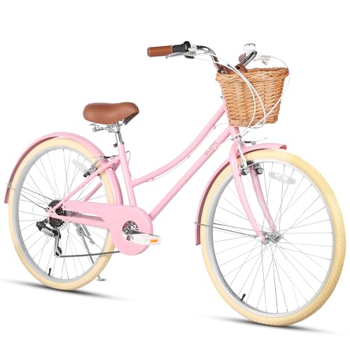 Glerc Missy 26" Zoll Mädchen Cruiser Jugend Teen Frau Fahrrad 6-Gang Teen Hybrid Fahrrad für Jugendliche im Alter von 14 15 16 17 18 19 20 Jahre alt mit Weidenkorb & Leichtgewicht, Rosa