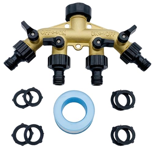 4-Wege-Verteiler, Wasserverteiler 4fach 4 Wege Verteiler Wasser Aus Messing 3/4 Zoll Wasserhahn Verteiler 4-Wege Verteiler Mit 4 Gartenschlauch Adapter, 8 Gummi-Unterlegscheiben Für Garten Bewässerung