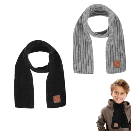 GUTERTOP 2 Stück Gestrickter Schal Kinder, Weicher Schön Schals für Mädchen, Niedlich Winter Warm Kinder Schal für Jungen (Schwarz, Grau)