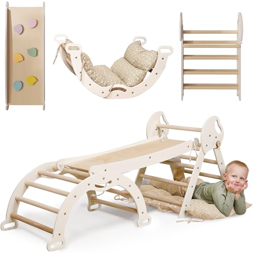 Goodevas 5-in-1 Montessori Klettergerüst Set: Indoor Kletterdreieck, Kletterbogen mit Kissen, und Rutsche für Kinder, Indoor Spielplatz 1-3 Jahre