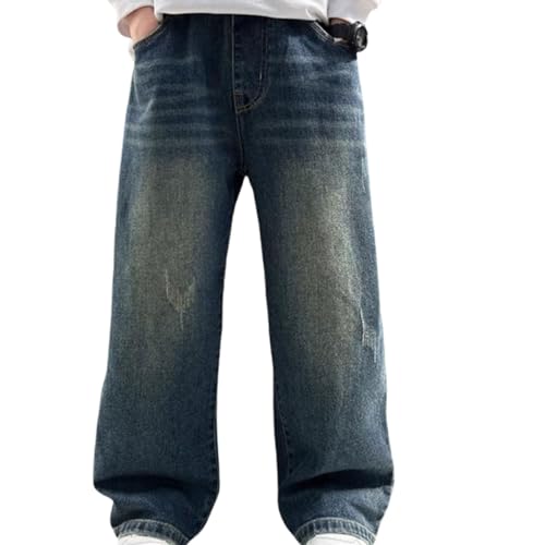 Jungen Straight Jeans Baggy Jeans Hosen Jungen mit Taschen Einfarbig, Weitem Bein Vintage Y2k Denim Hose Kinder, Plus Size Loose Fit Jeanshose Cargohose Elastische Taille Jean Hosen 120-170 Blau