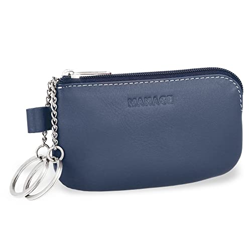 MANAGE Leder Schlüsseletui Blau mit Münzfach und Schlüsselring - Schlüsselmäppchen mit Reißverschluss Damen und Herren für Schlüssel Autoschlüssel - keychain Schlüsseltasche Blau