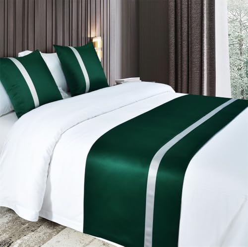 Odot Bettläufer mit Kissen Set, Bettläufer für den Fuß des Bettes mit Passende Kissenbezug Weich Mode Satin Bettlaufer für Gästehaus Hotel Schlafzimmer Dekoration (dunkelgrün,50x240cm)