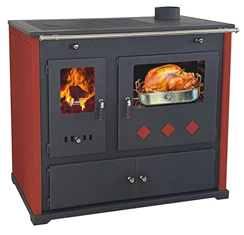 Prometey Kaminofen mit Backfach und Herdplatte Rot Holzofen 9,5 kW Kamin Ofen Dauerbrandofen Werkstattofen Schwedenofen Hüttenofen Heizofen