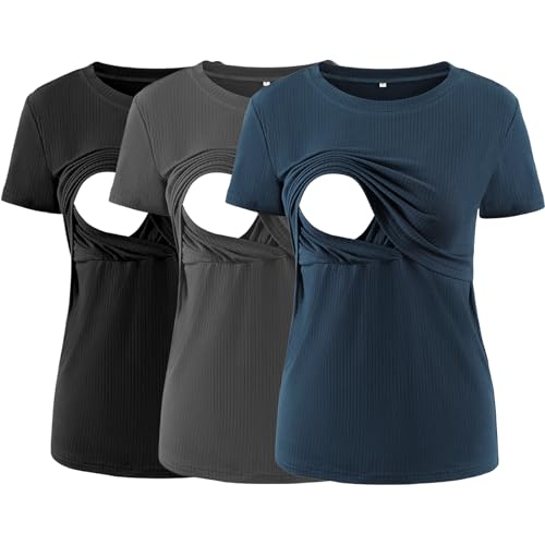 Love2Mi 3er Pack Damen Stillshirts kurzen Umstandstop T-Shirt Überlagertes Design zum Stillen T-Shirts fur Schwangere