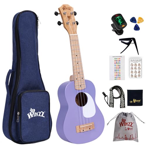 Winzz Ukulele Kinder Sopran, Ukulele Erwachsene Anfänger Set, 21 Zoll, mit 9 Zubehör, Kleine Einsteiger Kindergitarre 4 Saiten (Farbe: Violett, Holz)