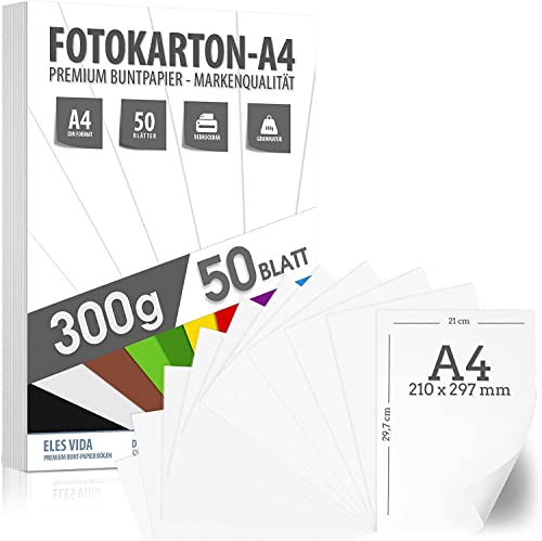 50 BLATT weisser Bastelkarton 300g/m² – PREMIUM PAPIER Reinweiß - DIN A4-21 x 29,7 cm - Druckerpapier Weiss unbedruckt für Fotografie, Präsentationen,Basteln, FOTOKARTON, Karton