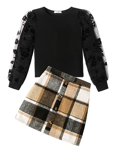 Arshiner Mädchen Bekleidungssets Elegante Langarmshirt mit Rock Set Kinder Herbst Winter Outfit Kariert Freizeit Mode Zweiteilig Kleidung Sets für Mädchen 12-13 Jahre