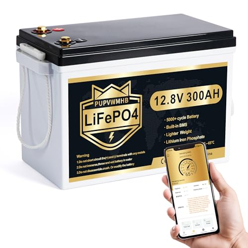 PUPVWMHB 12V 300Ah MINI LiFePO4 Lithium Batterie, Bluetooth Lithium Batterie, 200A BMS, bis zu 15000 Zyklen, Max.3840Wh Energie mit Low Temp Cut off, perfekt für RV, Solar, Trolling Motor